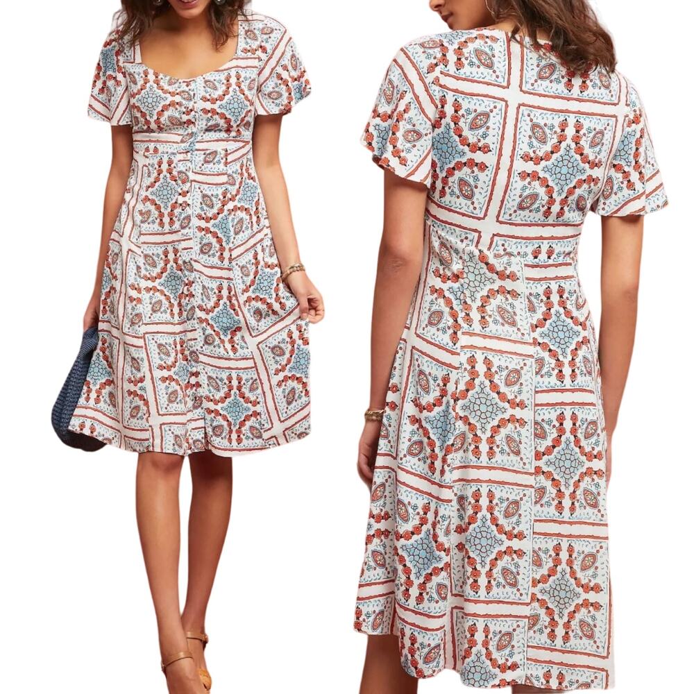 Anthropologie Maeve Praslin Mini Dress Floral Geometric Print Retro White Blue 2